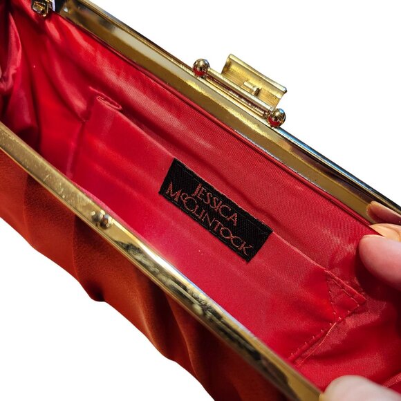 Vintage 90s Jessica McClintock Red Satin Clutch Purse with Metal Chain Strap - Picture 4 of 8
